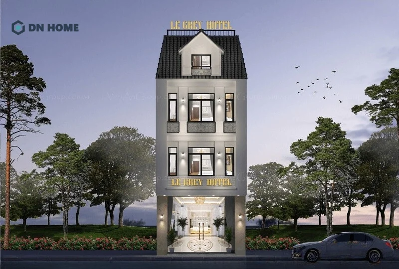 Mẫu thiết kế khách sạn mini 7x20 có mặt tiền đơn giản nhưng không kém phần hút