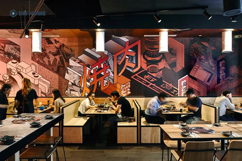 Nội thất bằng gỗ thường được ưu tiên sử dụng trong thiết kế không gian nhà hàng BBQ