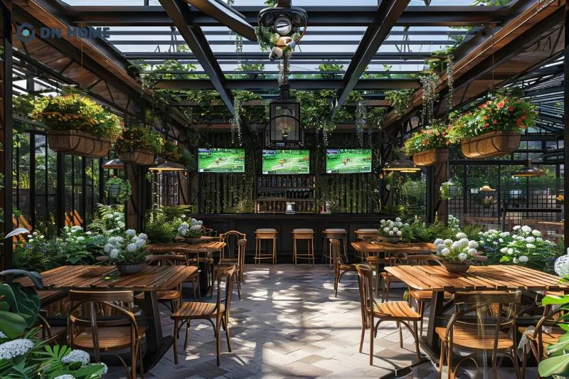 Hệ thống giàn chậu hoa treo tạo nên điểm nhấn độc đáo cho nhà hàng sân vườn