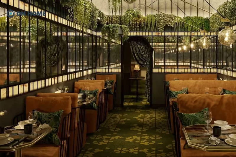 Gam màu trầm tối tạo nên vẻ đẹp lãng mạn, gần gũi cho không gian nhà hàng sân vườn