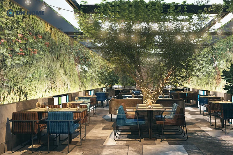 Ánh sáng tự nhiên tạo nên cảm giác thoáng đãng và rộng rãi cho nhà hàng sân vườn