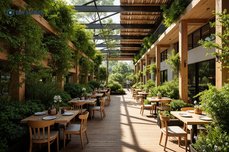 Tùy vào từng thời điểm trong ngày mà tạo nên hiệu ứng ánh sáng khác nhau cho nhà hàng sân vườn
