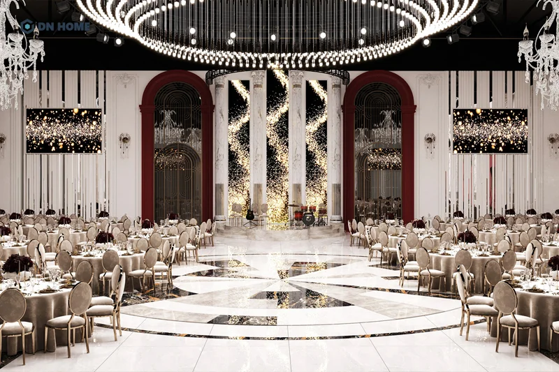 Đường nét tối giản nhưng vẫn sang trọng là điểm nhấn trong nhà hàng tiệc cưới hiện đại