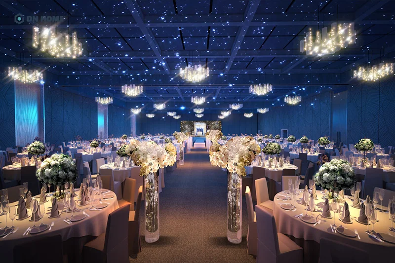 Vẻ đẹp lãng mạn với ánh đèn lung linh là đặc trưng trong của nhà hàng tiệc cưới phong cách Châu Âu