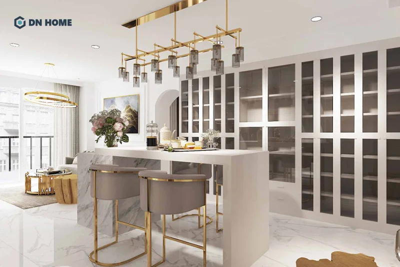 Chất liệu cao cấp và kim loại mạ vàng được sử dụng chủ yếu trong chung cư tân cổ điển