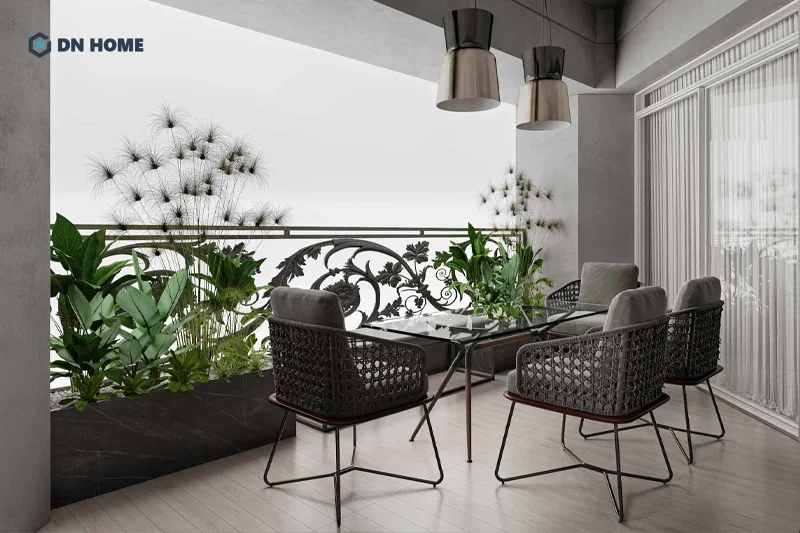 Một góc ban công nhỏ trong không gian căn hộ chung cư diện tích 120m2