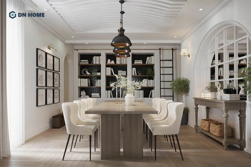 Khu vực phòng ăn được thiết kế ấm cúng, gần gũi với ánh sáng tự nhiên và chất liệu gỗ