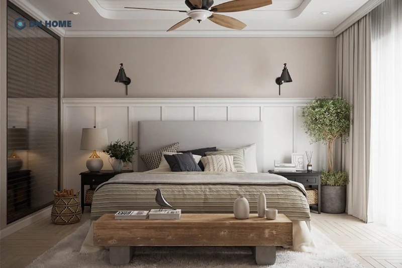 Không gian phòng ngủ thiết kế tinh gọn và tận dụng tối đa ánh sáng tự nhiên