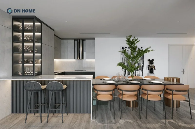 Chất liệu kính, gỗ công nghiệp được sử dụng để làm nổi bật sự hiện đại của không gian nội thất