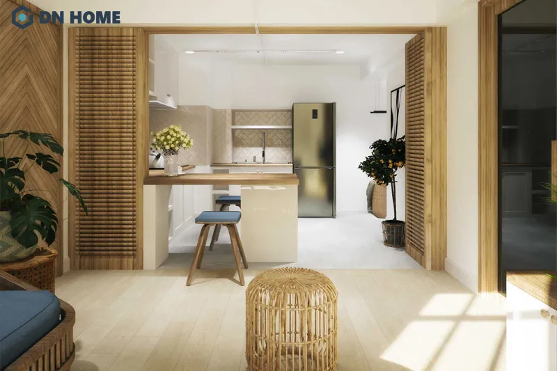 Thiết kế căn hộ 45m2 hướng đến sự ấm cúng thì chất liệu tự nhiên là lựa chọn hoàn hảo