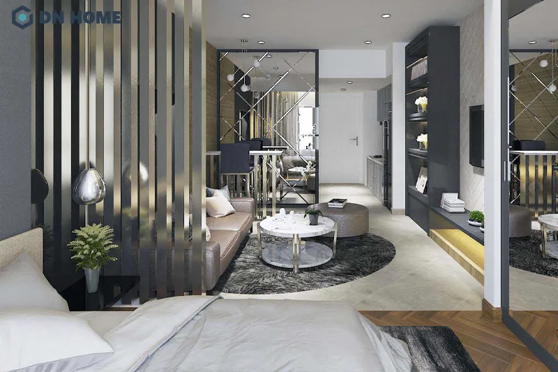 Gam màu sáng làm chủ đạo, kết hợp với gương tạo chiều sâu giúp không gian như rộng hơn