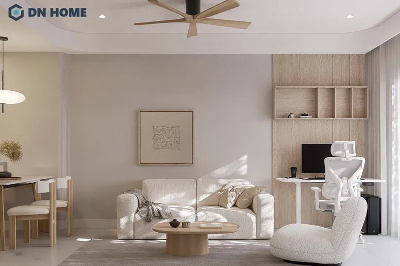 Việc tích hợp đa dạng chức năng trong khu vực phòng khách giúp tiết kiệm diện tích chung cư 45m2 tốt hơn