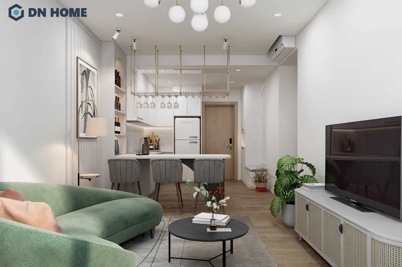 Thiết kế liên thông phòng khách - bếp ăn trong chung cư là giải pháp phổ biến để tối ưu diện tích