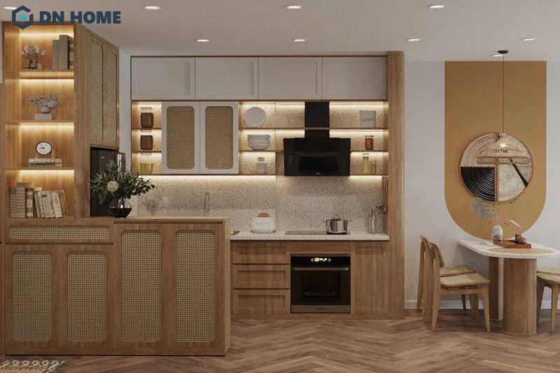 Chất liệu thân thiện với môi trường được sử dụng chủ đạo trong không gian nội thất chung cư Wabi Sabi