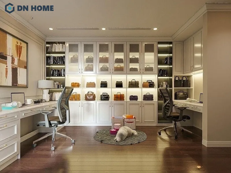 Thiết kế nội thất chung cư tân cổ điển với không gian làm việc tận dụng tối đa ánh sáng tự nhiên, tông màu nhẹ nhàng và nội thất tinh tế