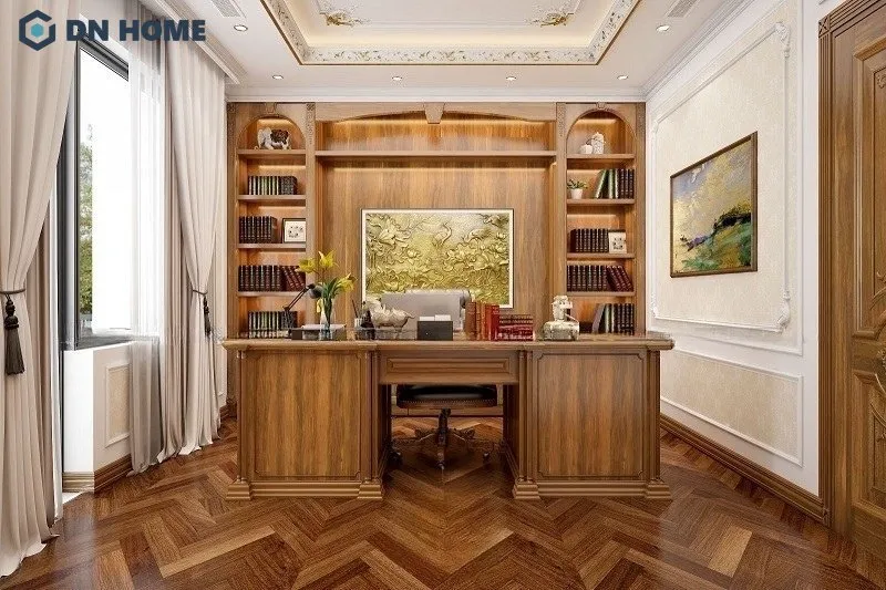Mẫu thiết kế phòng làm việc phong cách tân cổ điển với nội thất gỗ sang trọng