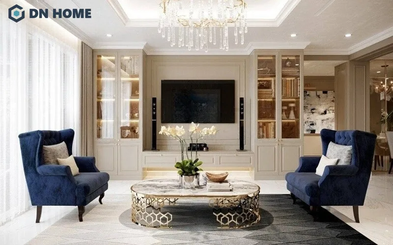Mẫu thiết kế nội thất chung cư tân cổ điển - không gian phòng khách với đèn chùm sang trọng