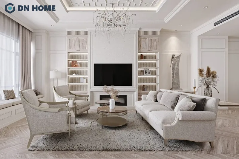 Phòng khách được thiết kế theo phong cách tân cổ điển mang hơi hướng hiện đại