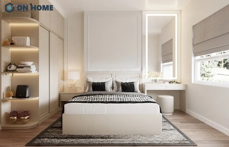 Không gian phòng ngủ tân cổ điển với nội thất được bày trí đơn giản, gọn gàng