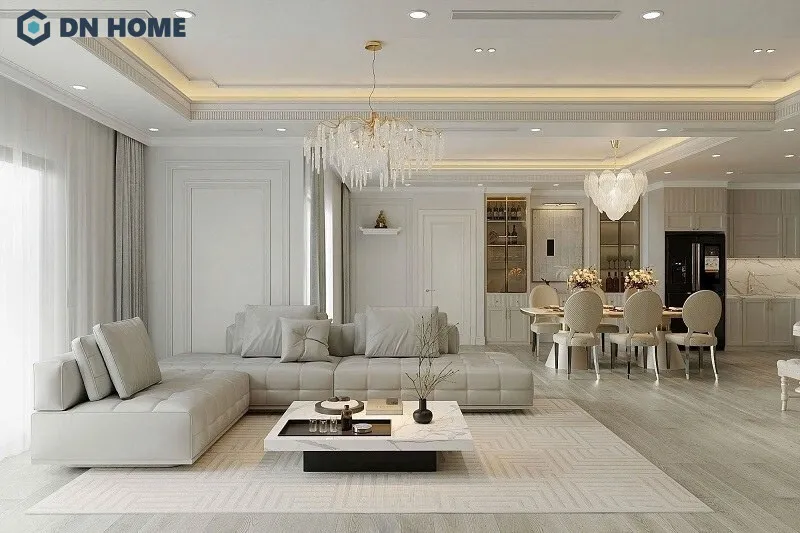 Không gian sử dụng gam màu trung tính làm chủ đạo, tạo cảm giác rộng rãi, thoáng mát