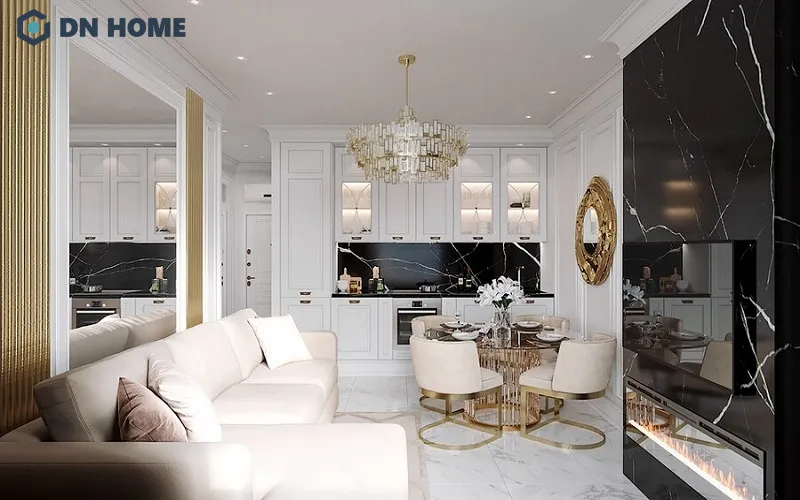 Mẫu thiết kế nội thất chung cư tân cổ điển 1 phòng ngủ với không gian phòng khách thiết kế liền mạch khu vực bếp và bàn ăn