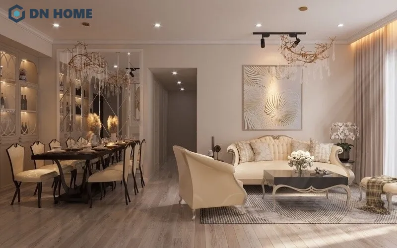 Không gian phòng khách sang trọng, mang đậm phong cách tân cổ điển - đèn chùm, sofa nhỏ gọn các chi tiết nút bấm capitone