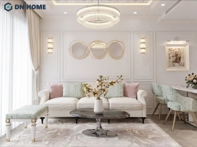 Thiết kế nội thất chung cư tân cổ điển gây ấn tượng với không gian phòng khách được bao phủ bởi gam màu trắng tinh khiết