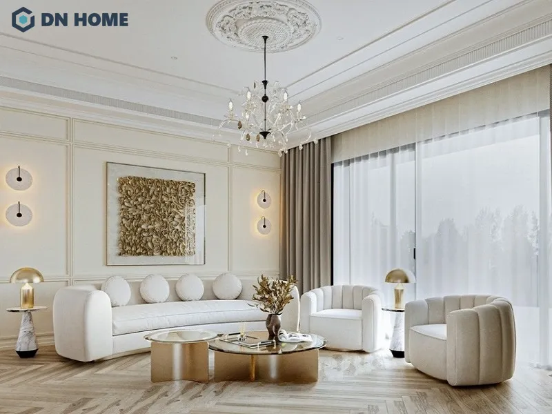 Phòng khách tận dụng tối đa ánh sáng tự nhiên và nhân tạo