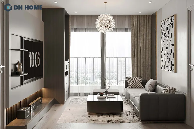 Các chất liệu gỗ công nghiệp, kính và đá nhân tạo được sử dụng trong thiết kế phòng khách hiện đại