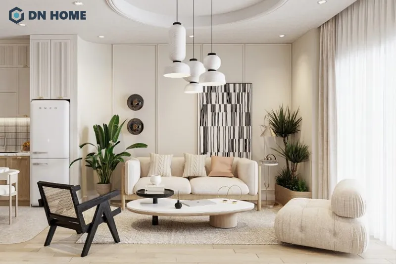 Các gam màu thanh nhã và gần gũi với thiên nhiên được sử dụng chủ đạo trong không gian phòng khách Japandi