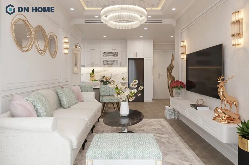 Chi tiết kim loại ánh vàng là không thể thiếu trong không gian nội thất phòng khách chung cư tân cổ điển