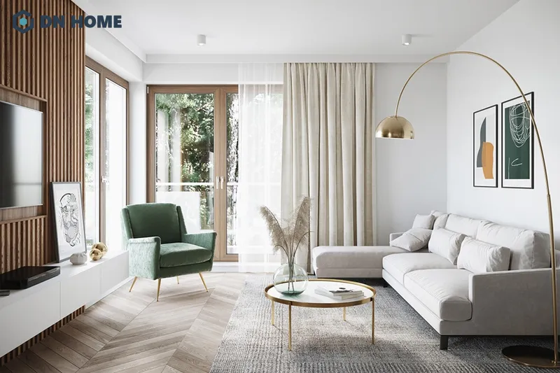 Diện tích 45m2 khá rộng rãi nên có thể thêm thắt một vài chi tiết trang trí phòng khách tạo điểm nhấn