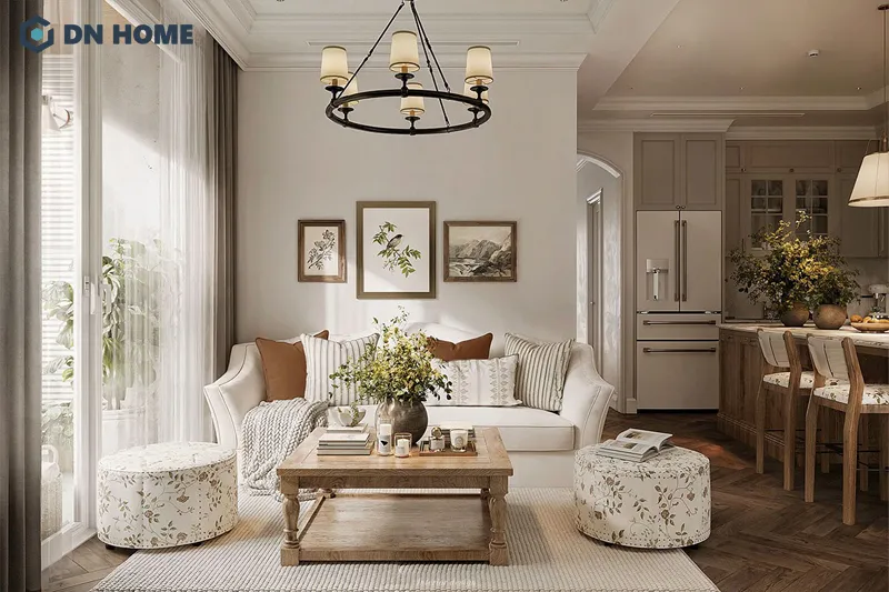 Thiết kế liên thông phòng khách và bếp giúp không gian sinh hoạt chung của căn hộ thêm thoáng đãng