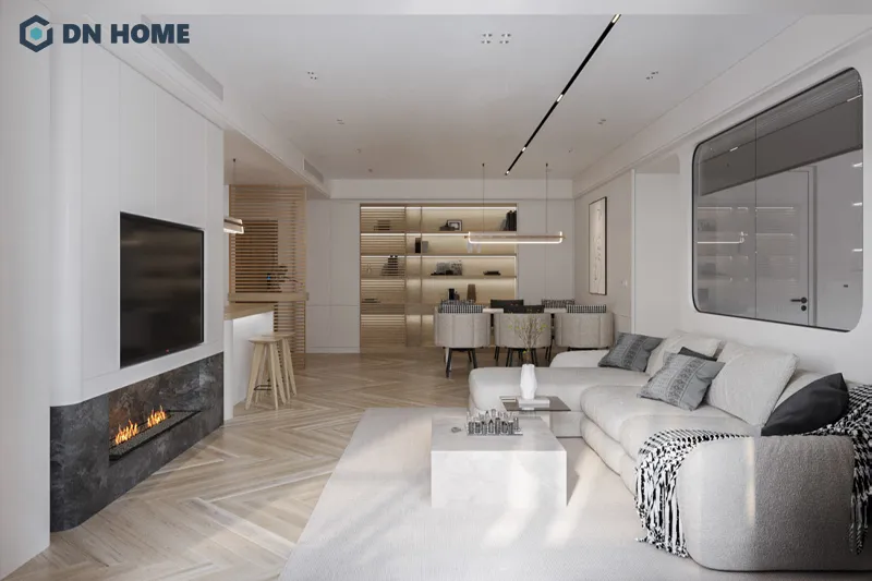 Cách tối ưu diện tích chung cư hiệu quả là thiết kế mở giữa khu vực phòng khách và bếp ăn