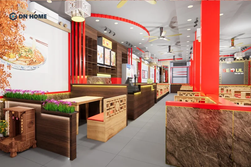 Cần bố trí không gian quán mì cay thoáng đãng nhưng vẫn đảm bảo tính riêng tư cho từng nhóm khách hàng