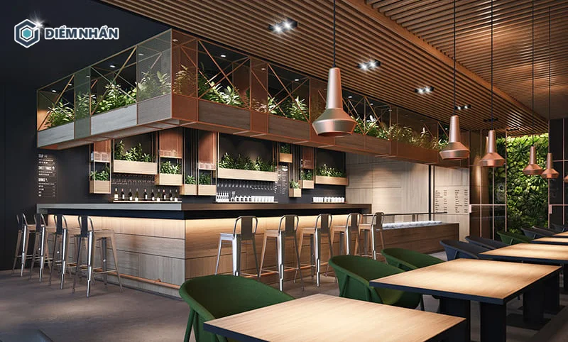 Nên đặt quầy pha chế ở nơi dễ thu hút ánh nhìn nhất trong quán cafe để tạo ấn tượng ngay khi trải nghiệm quán