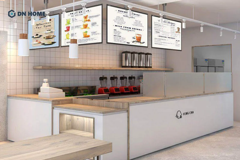 Quầy pha chế hình chữ L phù hợp với không gian quán trà sữa từ trung đến lớn
