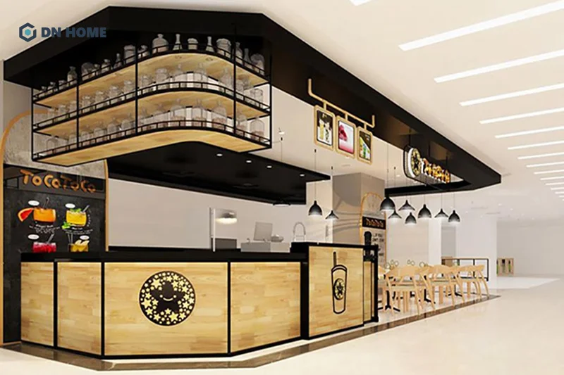 Chất liệu gỗ dễ dàng kết hợp với những chất liệu khác, tạo điểm nhấn cho quầy pha chế trà sữa