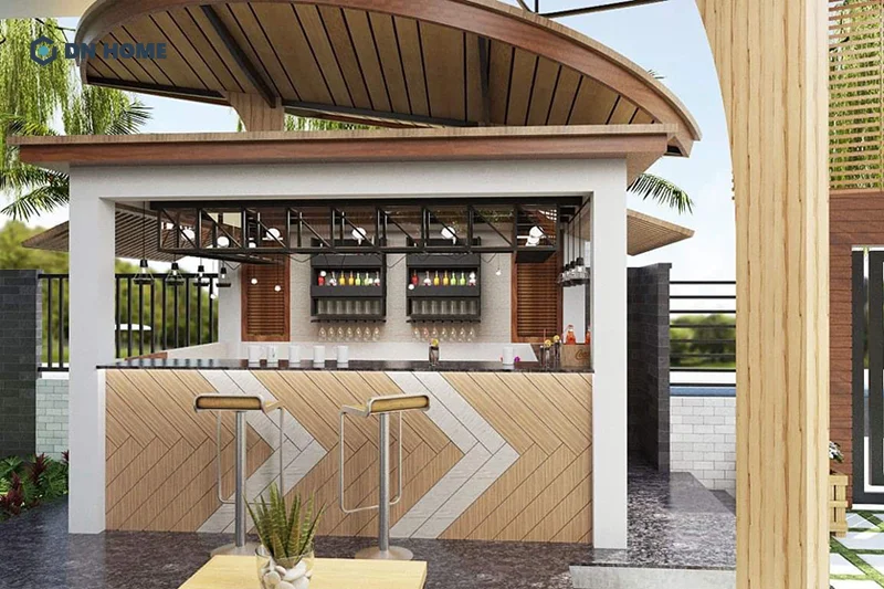 Quầy pha chế ngoài trời thường được làm từ những chất liệu chịu được ảnh hưởng của thời tiết