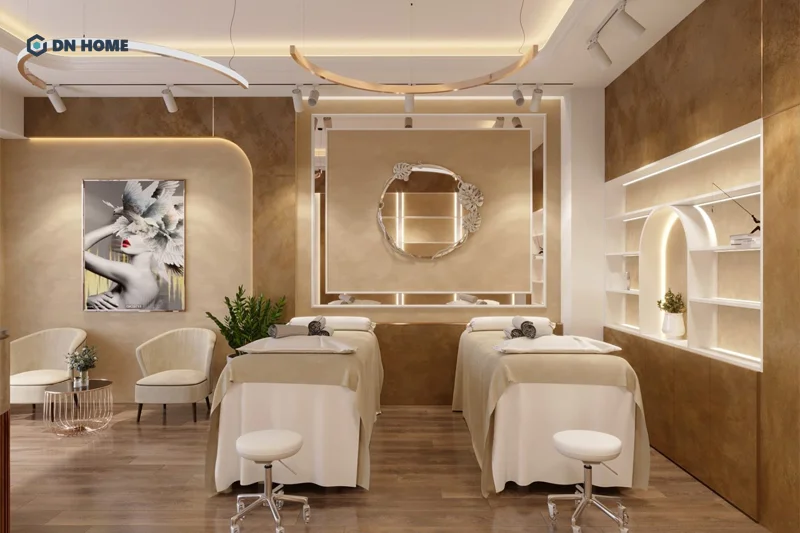 Chất liệu kim loại giúp không gian nội thất thẩm mỹ viện thêm phần hiện đại, sang trọng