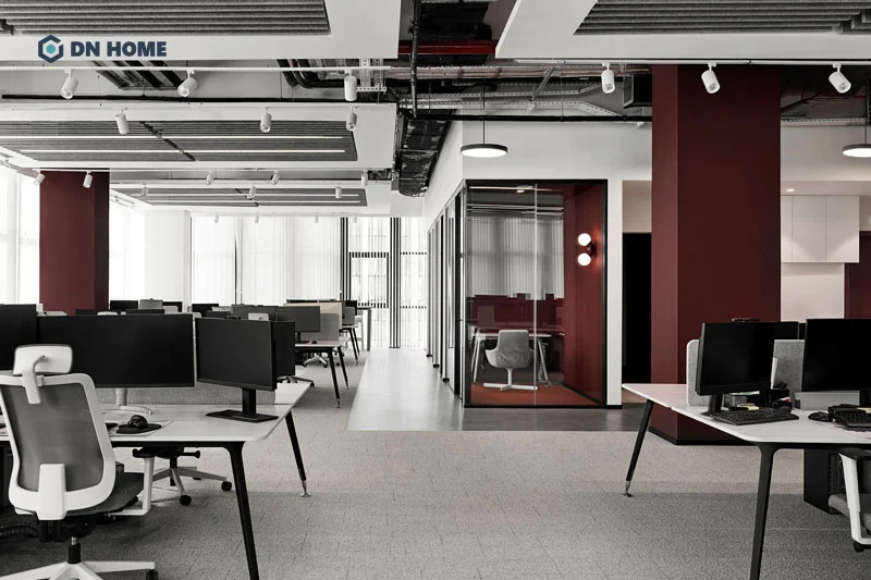 Có thể sử dụng tone màu chủ đạo của thương hiệu để tạo điểm nhấn cho không gian văn phòng