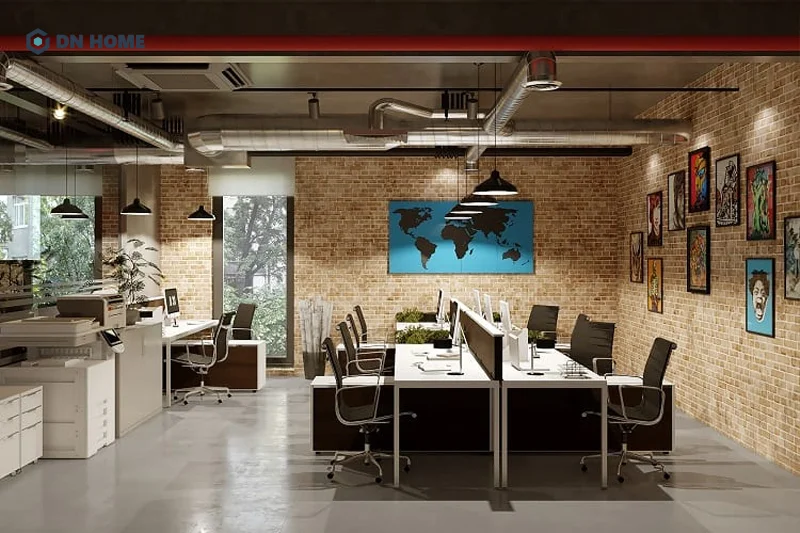 Chất liệu thô mộc trong văn phòng công nghiệp thể hiện cá tính mạnh mẽ của thương hiệu