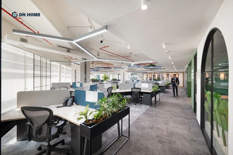 Không gian nội thất Aseem Infra Finance kết hợp đa dạng về vật liệu và kết cấu