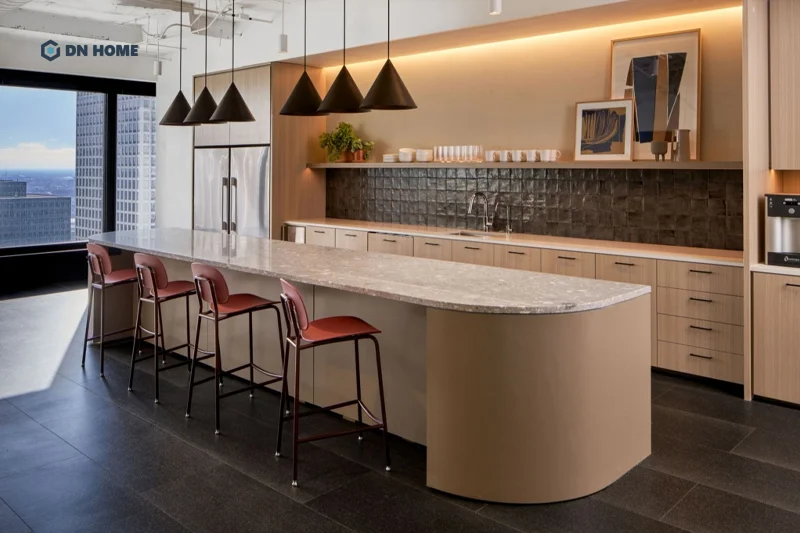 Khu vực pantry với tone màu trung tính sáng dễ chịu trong không gian văn phòng WestPoint Financial