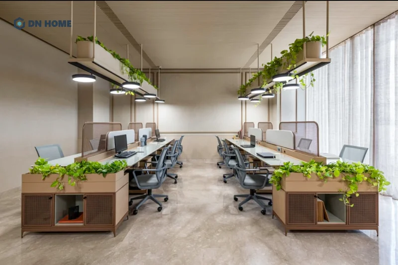 Chất liệu gỗ và màu sắc liên quan đến thiên nhiên được sử dụng chủ đạo trong không gian làm việc Wabi - Sabi