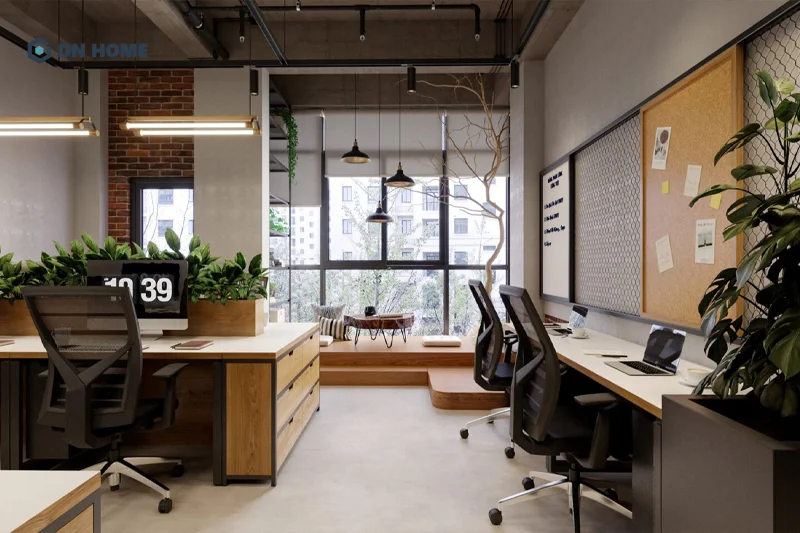 Các chất liệu thô mộc được sử dụng chủ đạo trong thiết kế văn phòng phong cách công nghiệp