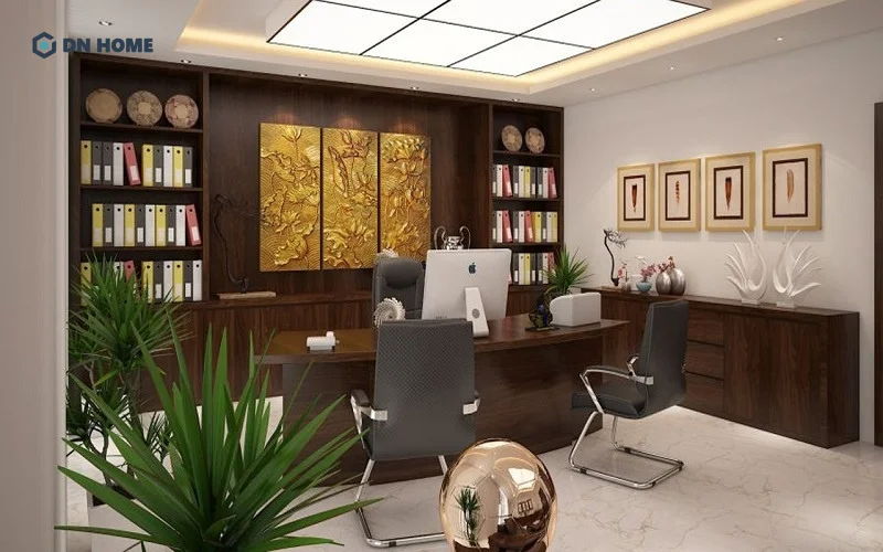 Phòng giám đốc được thiết kế dựa trên yếu tố phong thuỷ giúp không gian chuyên nghiệp, chỉn chu, tạo ấn tượng mạnh với đối tác và khách hàng