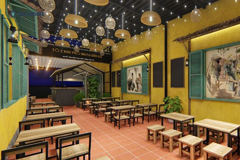 Ánh sáng vàng đạt hiệu quả trong việc tạo nên bầu không khí thoải mái cho quán ăn vặt