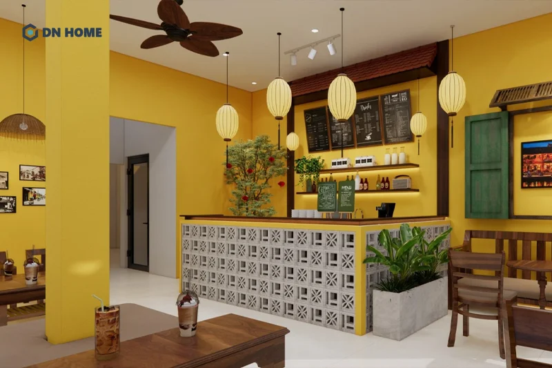 Các gam màu trầm ấm, truyền thống được sử dụng chủ đạo trong decor quán ăn vặt cổ xưa