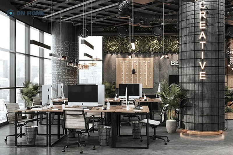 Văn phòng làm việc hiện đại được thiết kế theo phong cách công nghiệp thể hiện sự mạnh mẽ, cá tính